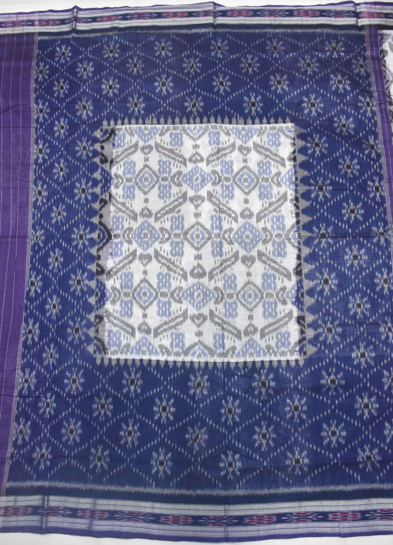 Blue-White Colour Combination Sambalpuri Handloom Cotton Saree - Image 3