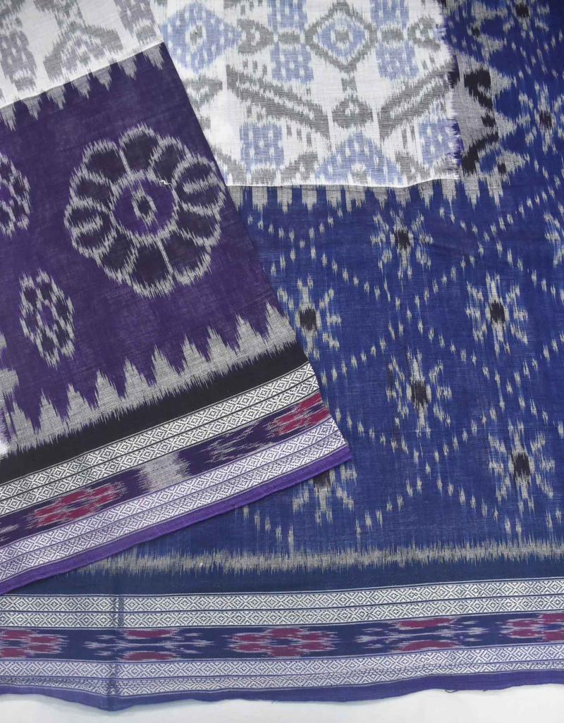 Blue-White Colour Combination Sambalpuri Handloom Cotton Saree - Image 4