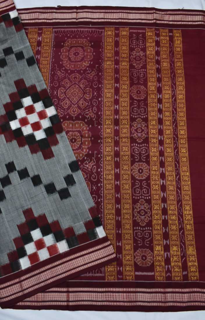 Silver Colour Pasapali Design Sambalpuri Handloom Cotton Saree - Image 3