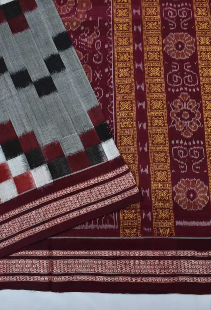 Silver Colour Pasapali Design Sambalpuri Handloom Cotton Saree - Image 4