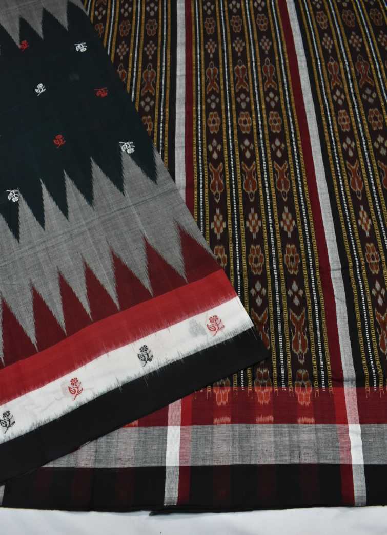 Gray-Deep Green Combinaton Sambalpuri Handloom Cotton Bomkai Saree - Image 4
