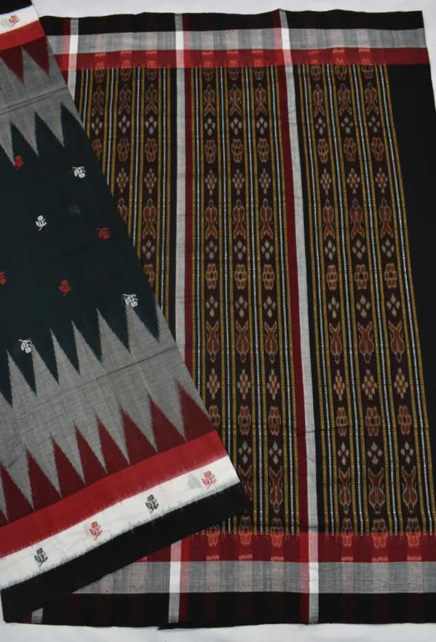 Gray-Deep Green Combinaton Sambalpuri Handloom Cotton Bomkai Saree - Image 3