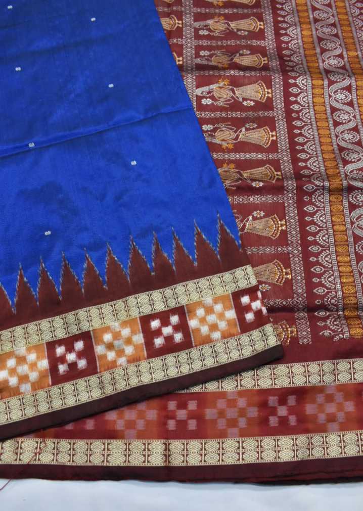 Blue Colour Pasapali Border Sambalpuri Handloom Bomkai Silk Saree - Image 4