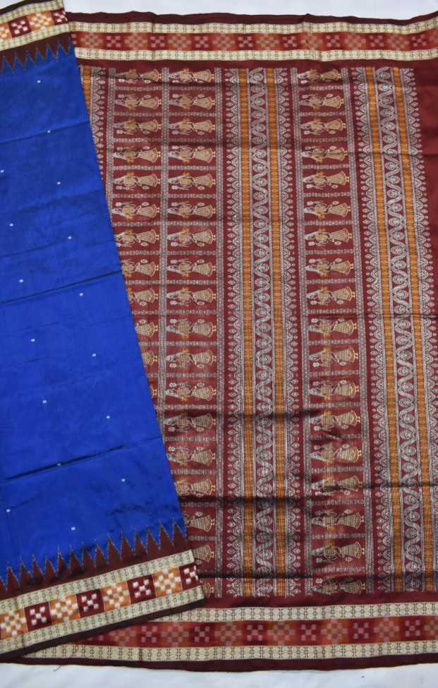 Blue Colour Pasapali Border Sambalpuri Handloom Bomkai Silk Saree - Image 3