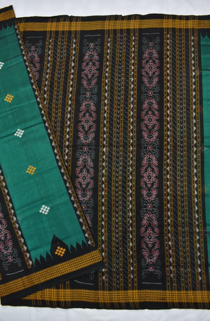 Green Colour Sambalpuri Handloom Silk and Cotton Mix Bapta Saree - Image 4