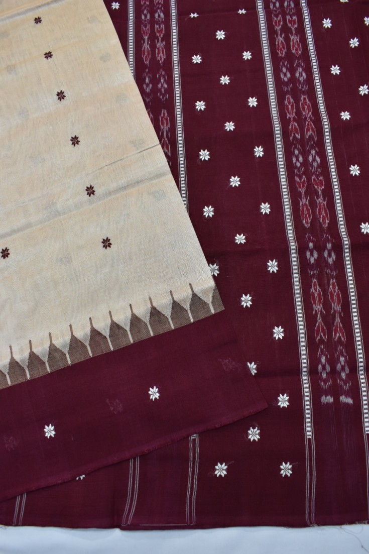 Cream Colour Sambalpuri Handloom Cotton Bapta Saree - Image 4