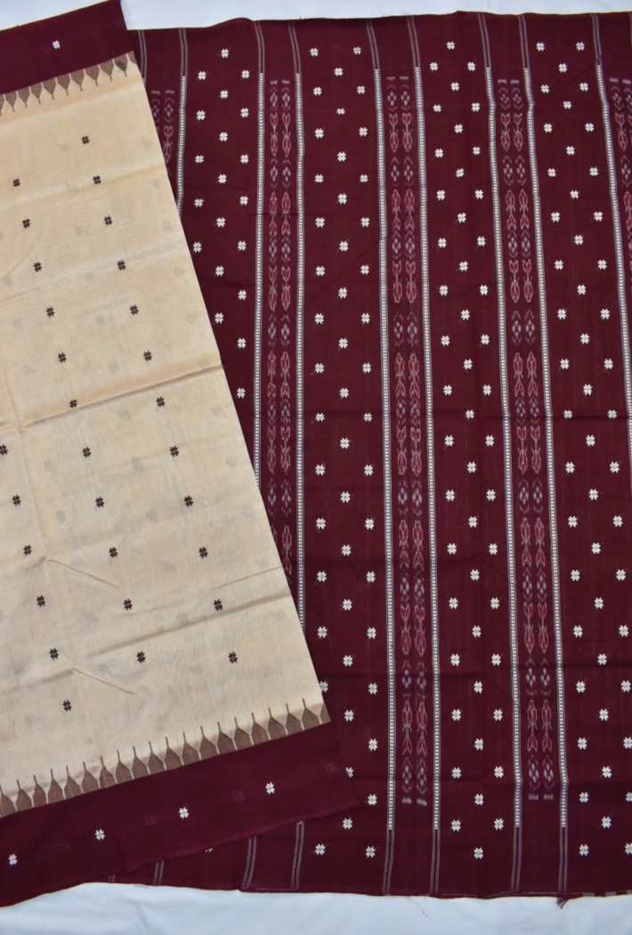Cream Colour Sambalpuri Handloom Cotton Bapta Saree - Image 3