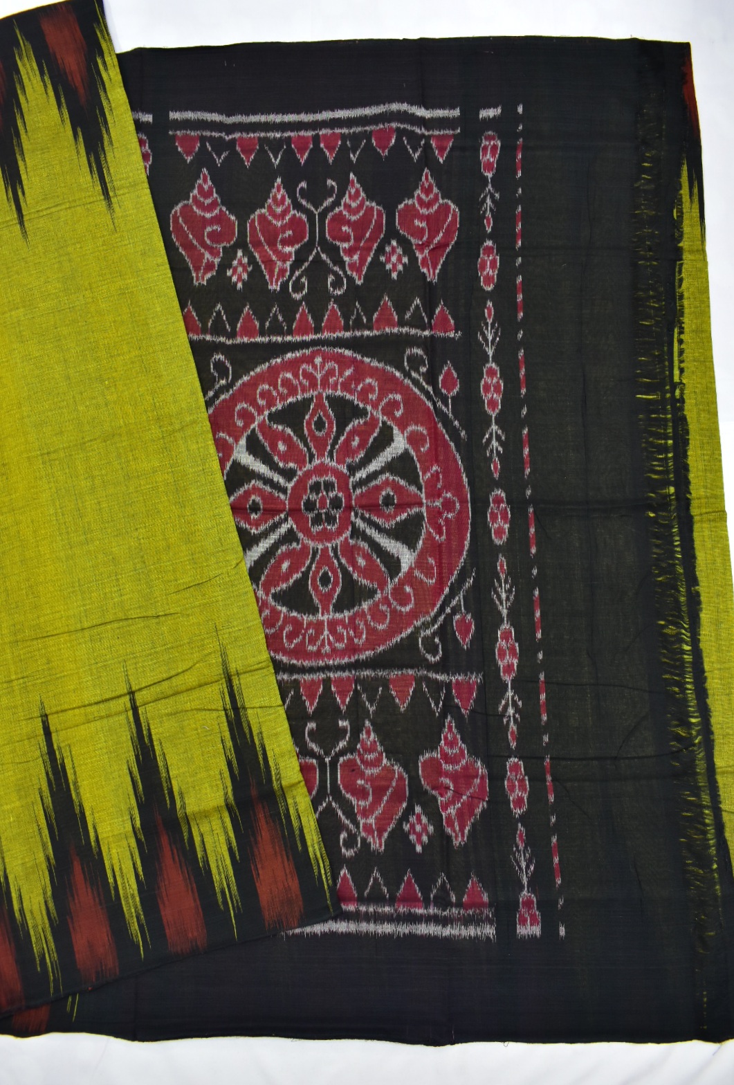 Lime Colour Sambalpuri Handloom Cotton Saree - Image 5