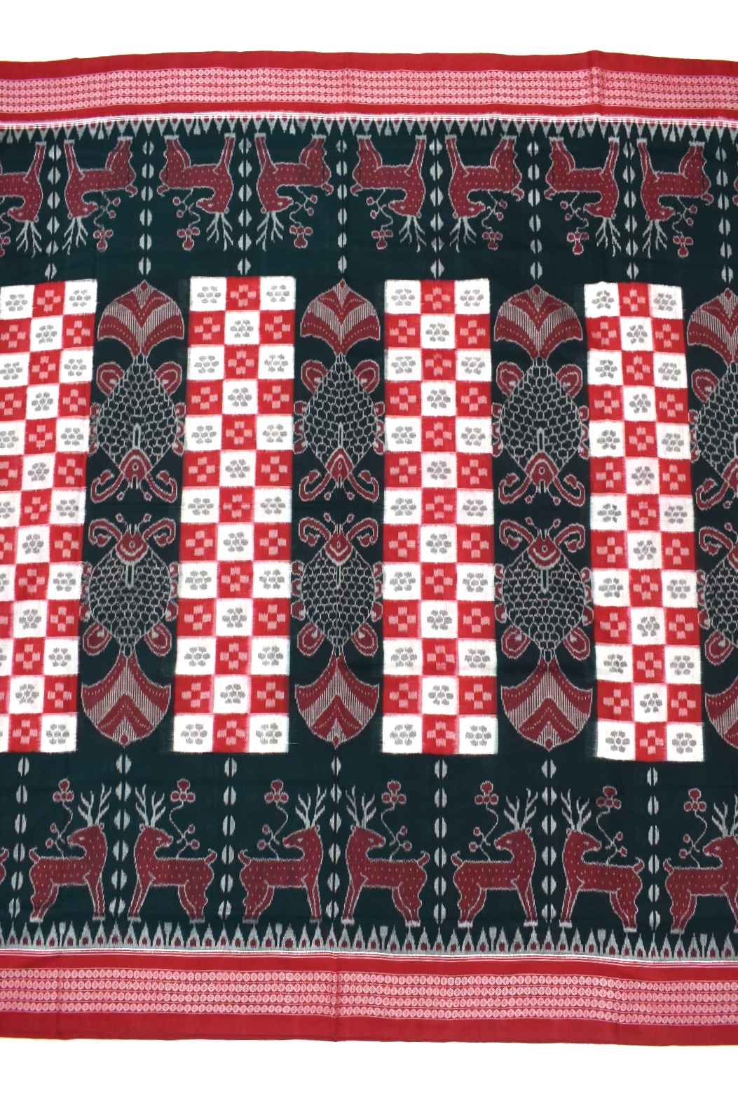 Green-Red Colour Sambalpuri Handloom Cotton Bandha Saree