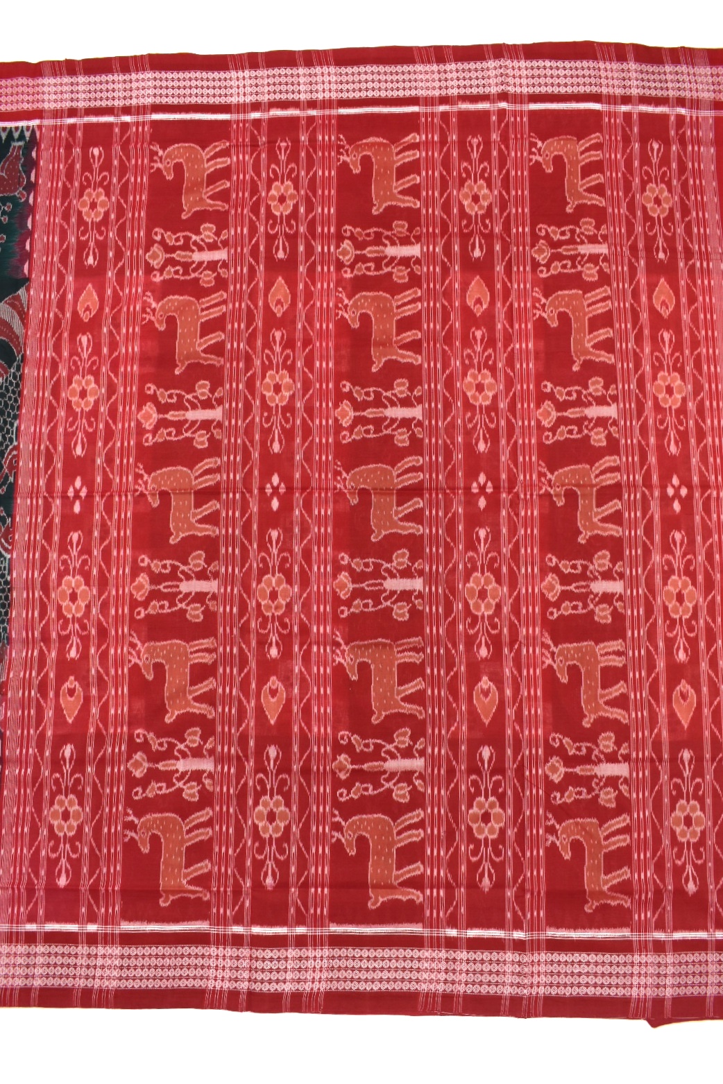 Green-Red Colour Sambalpuri Handloom Cotton Bandha Saree - Image 2