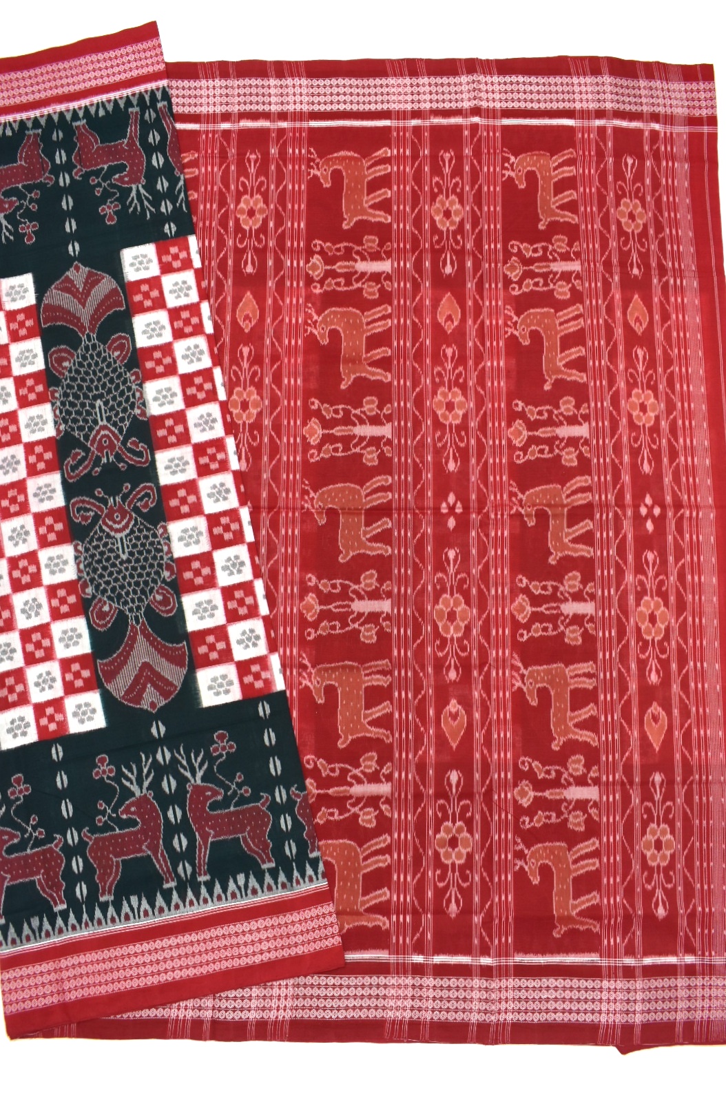 Green-Red Colour Sambalpuri Handloom Cotton Bandha Saree - Image 5