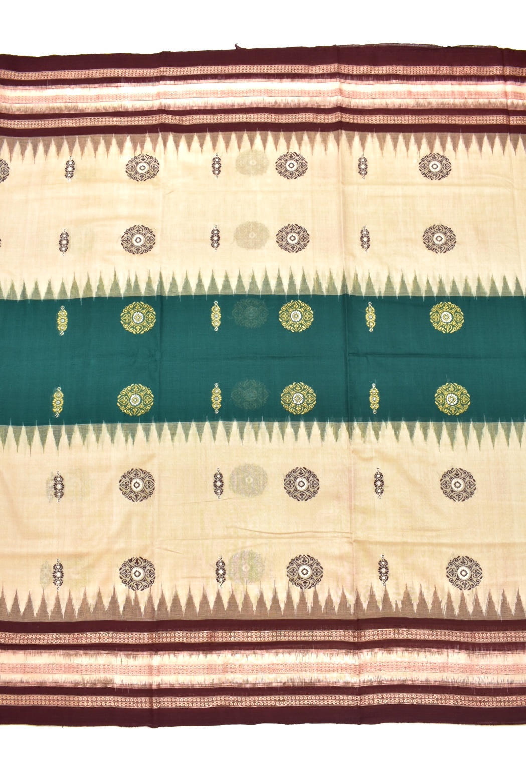 Cream-Green Colour Sambalpuri Handloom Cotton Bomkai Saree