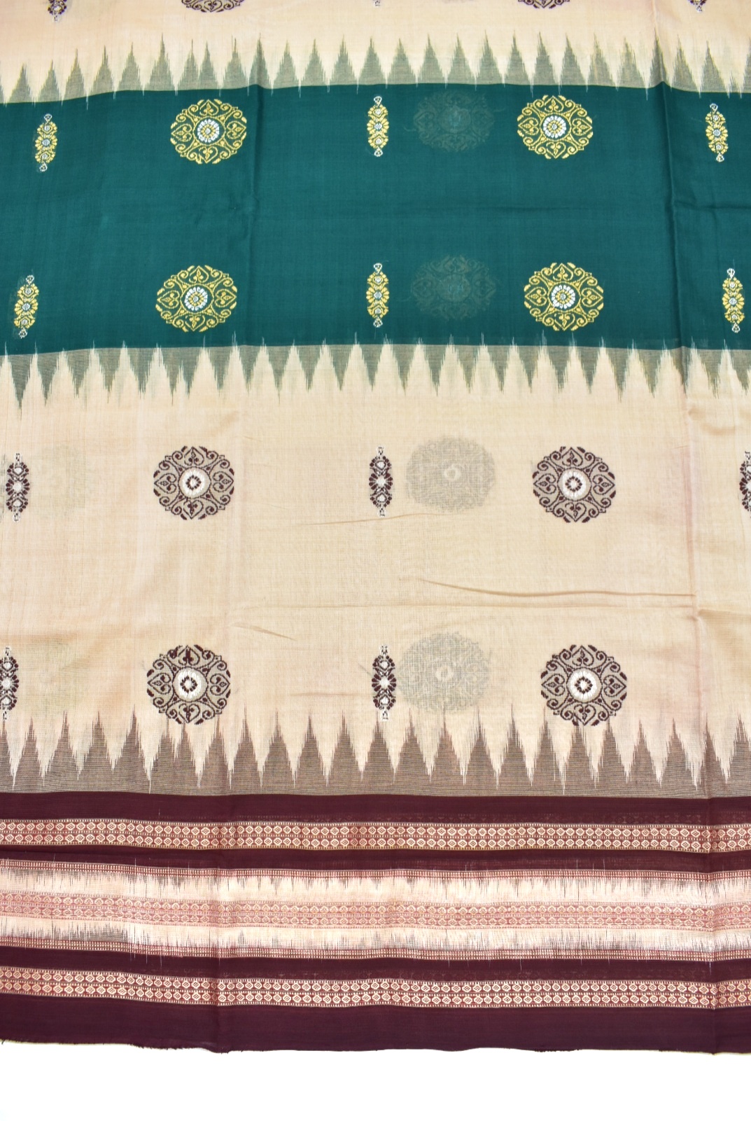 Cream-Green Colour Sambalpuri Handloom Cotton Bomkai Saree - Image 4