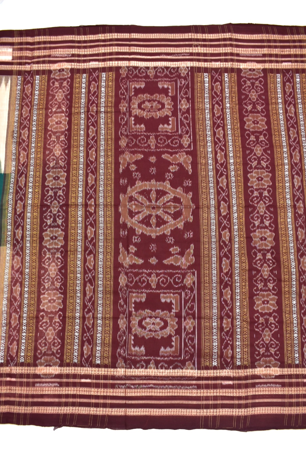 Cream-Green Colour Sambalpuri Handloom Cotton Bomkai Saree - Image 2