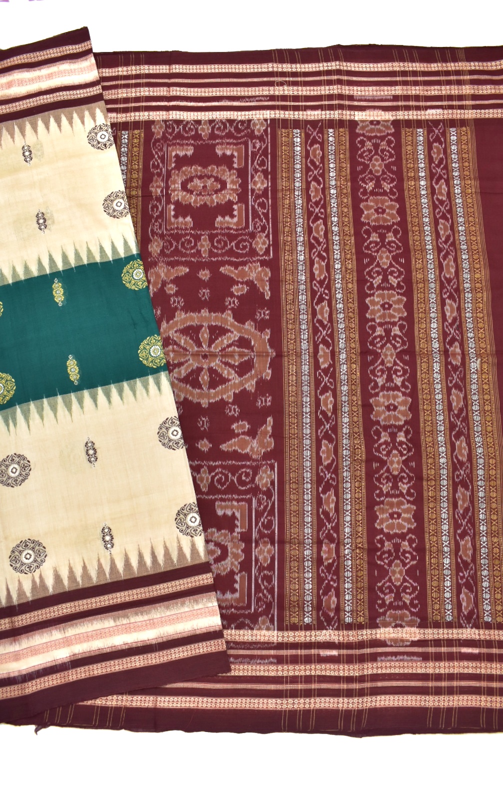 Cream-Green Colour Sambalpuri Handloom Cotton Bomkai Saree - Image 5