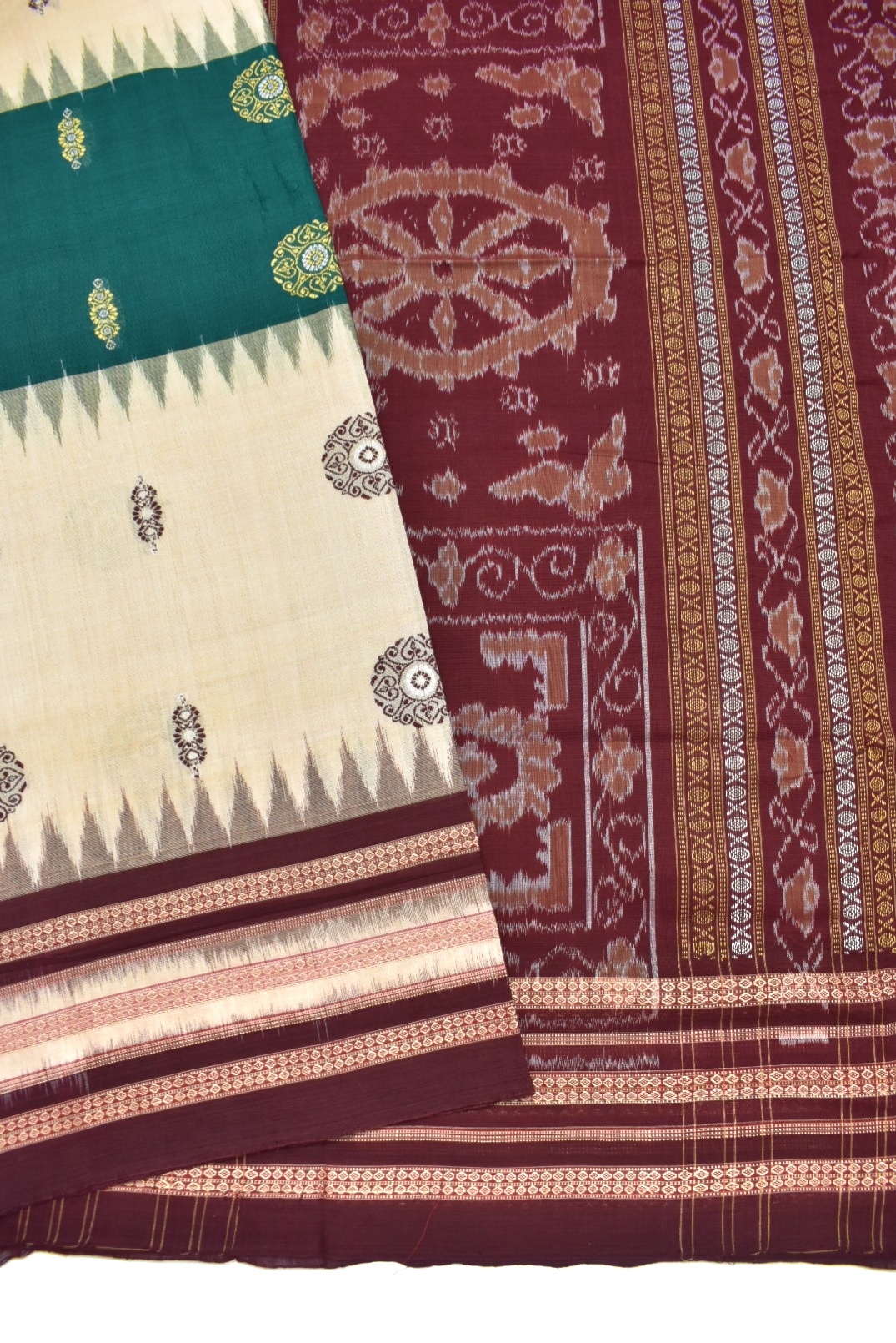 Cream-Green Colour Sambalpuri Handloom Cotton Bomkai Saree - Image 3