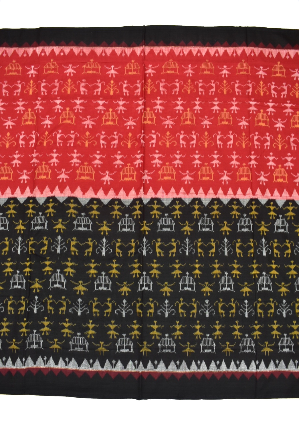Red-black Tribal Design Sambalpuri Handloom Cotton Bandha Saree