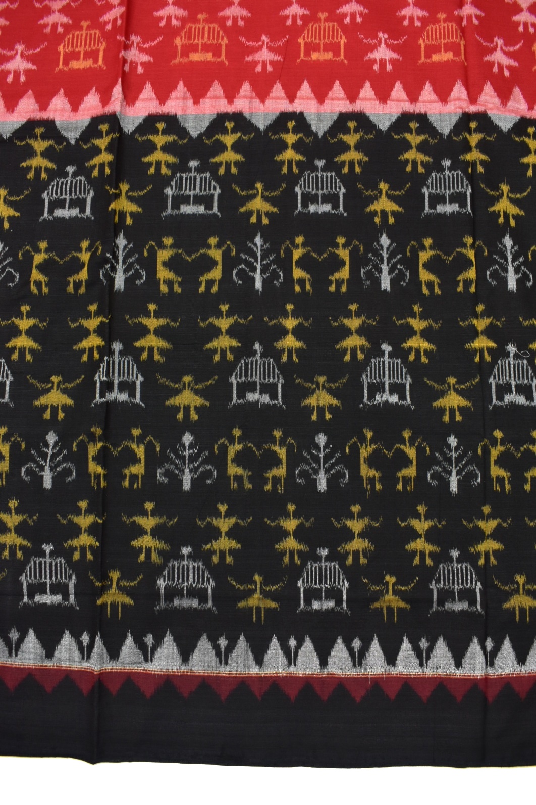 Red-black Tribal Design Sambalpuri Handloom Cotton Bandha Saree - Image 4