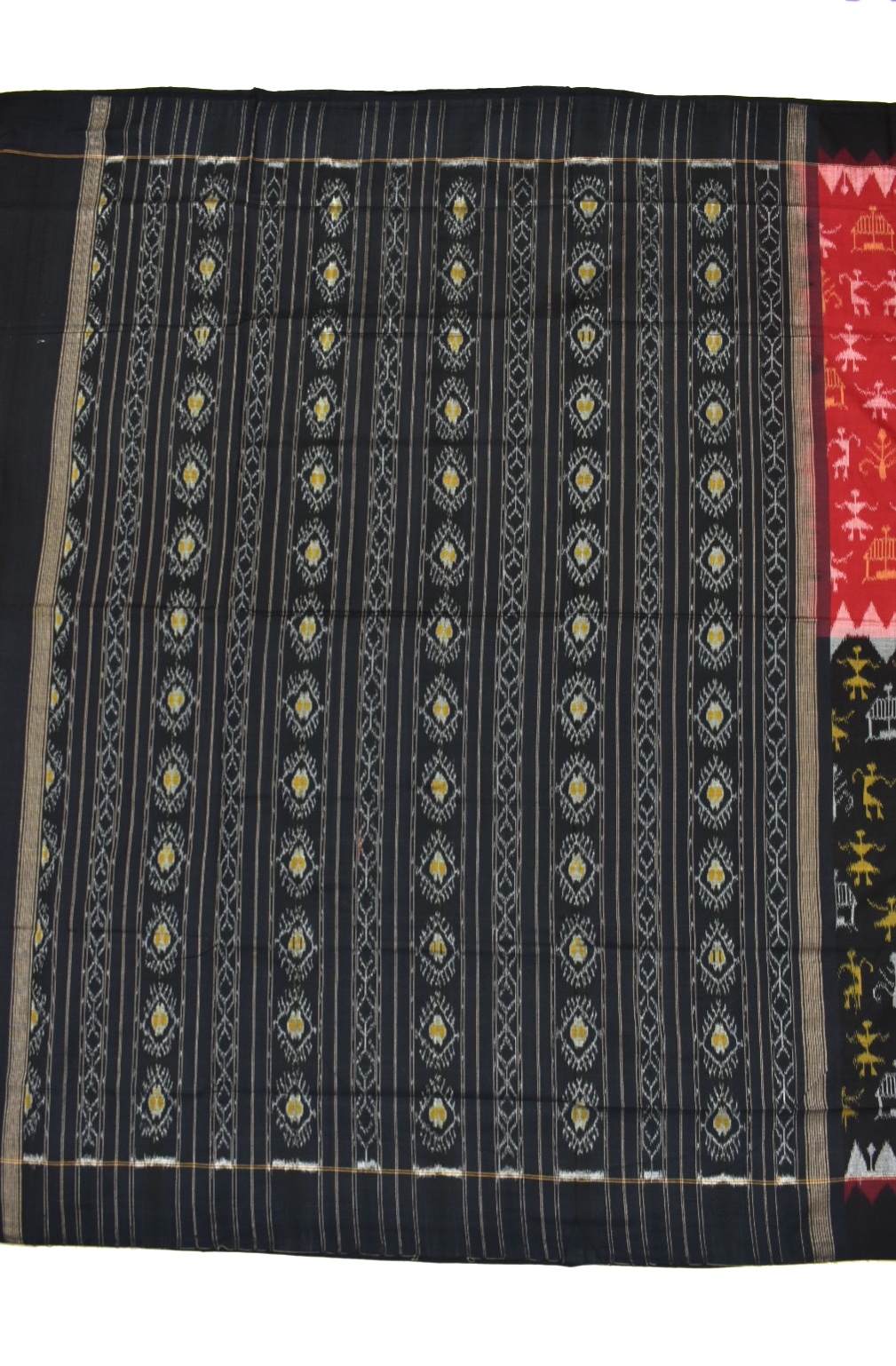 Red-black Tribal Design Sambalpuri Handloom Cotton Bandha Saree - Image 2