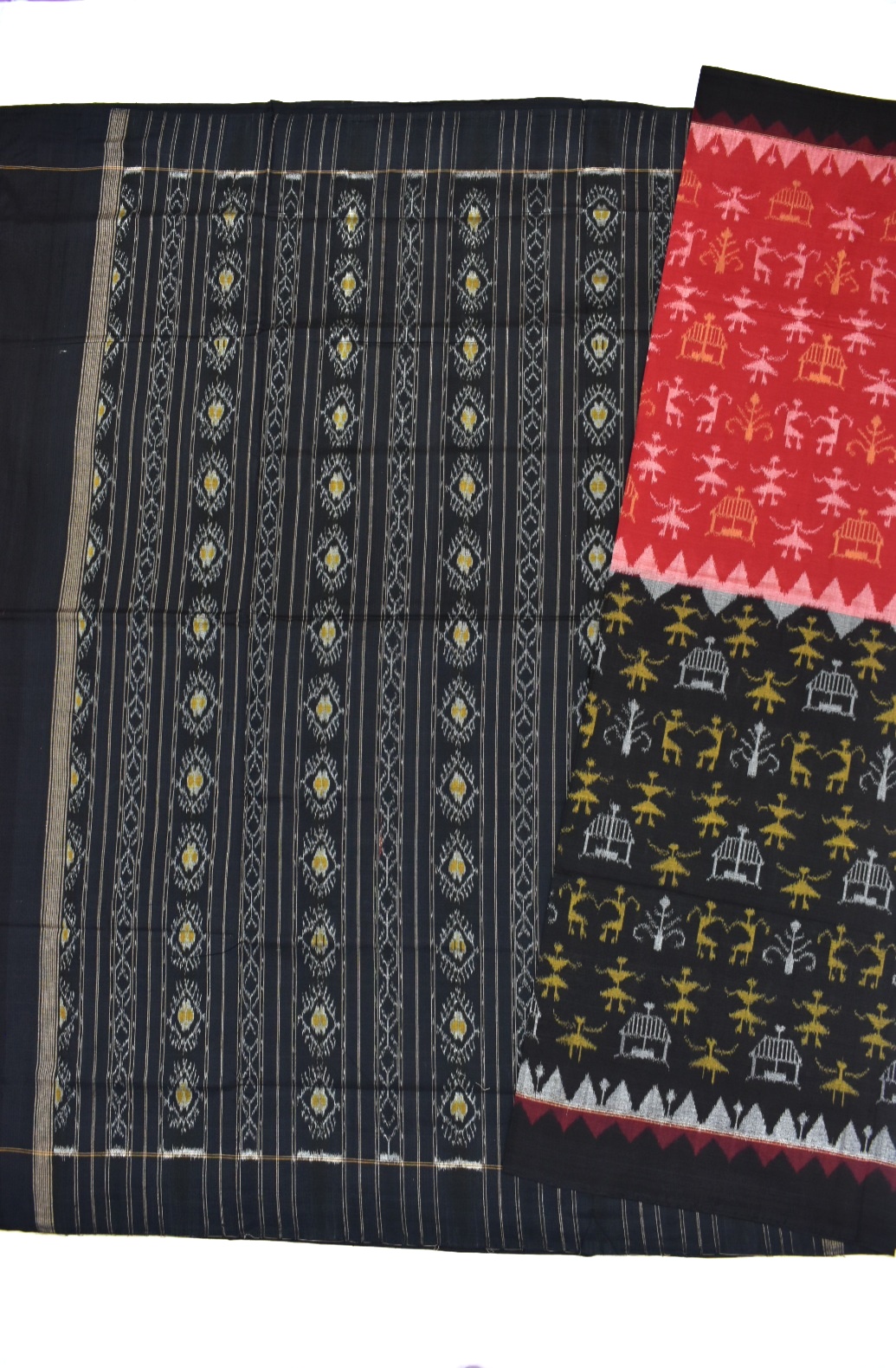 Red-black Tribal Design Sambalpuri Handloom Cotton Bandha Saree - Image 5