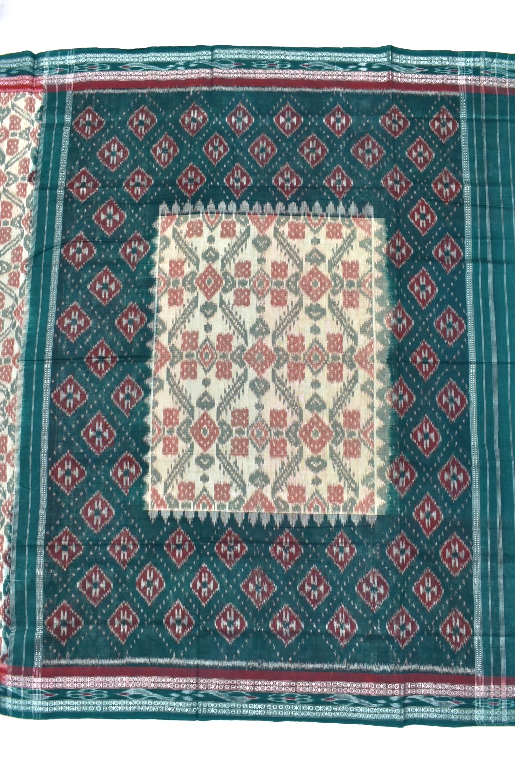 Red-Cream Combination Sambalpuri Handloom Cotton Bandha Saree - Image 2