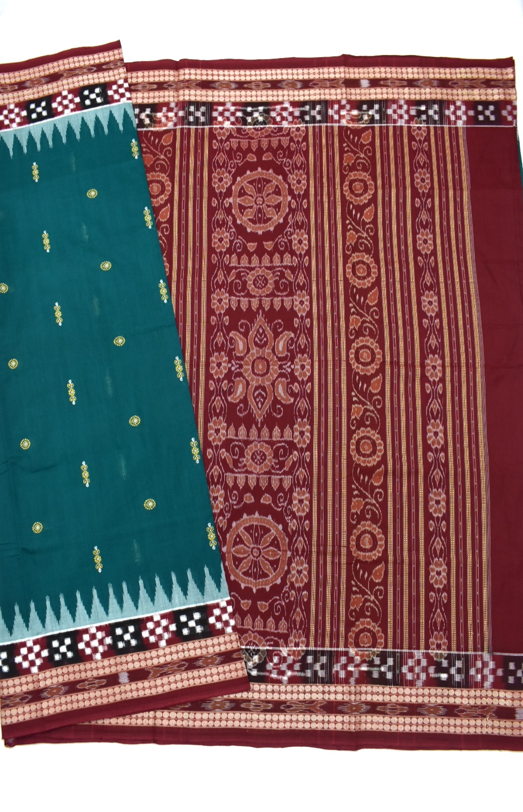 Green Colour Pasapali Design Sambalpuri Handloom Cotton Saree - Image 5
