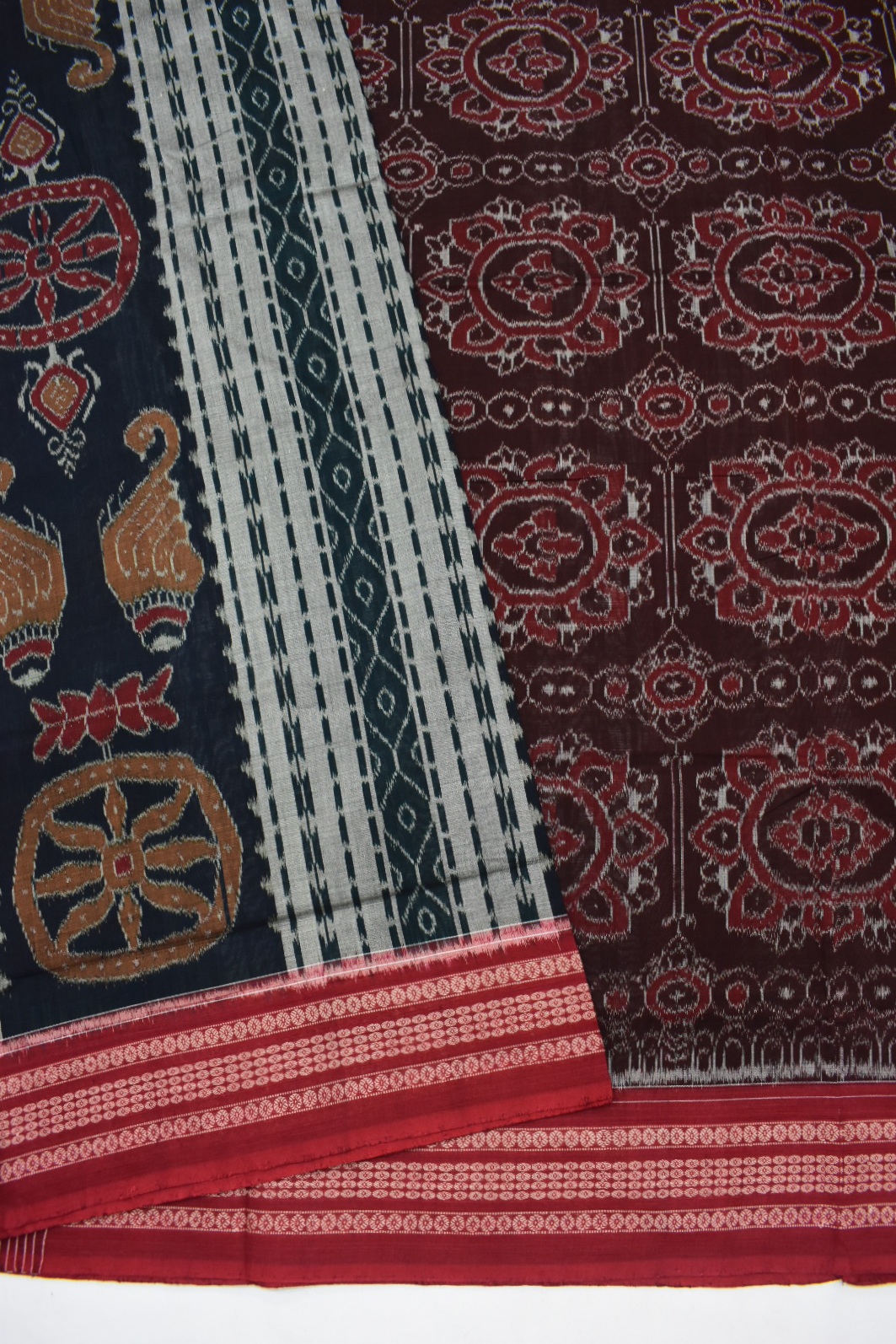 BottleGreen Colour Sambalpuri Handloom Cotton Bandha Saree - Image 3