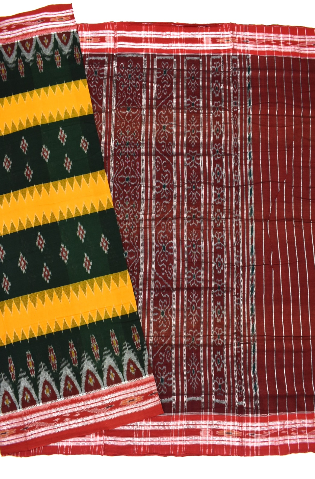 Green-Yellow Sambalpuri Handloom Cotton Bandha Saree - Image 5