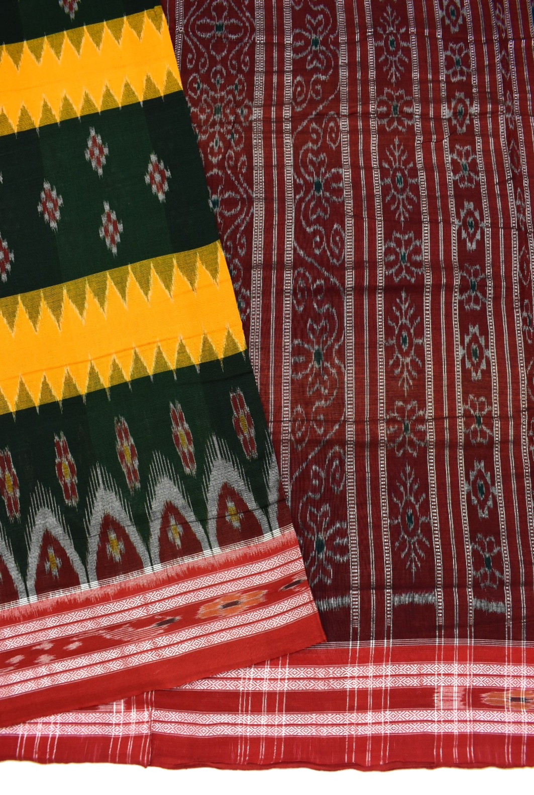 Green-Yellow Sambalpuri Handloom Cotton Bandha Saree - Image 3