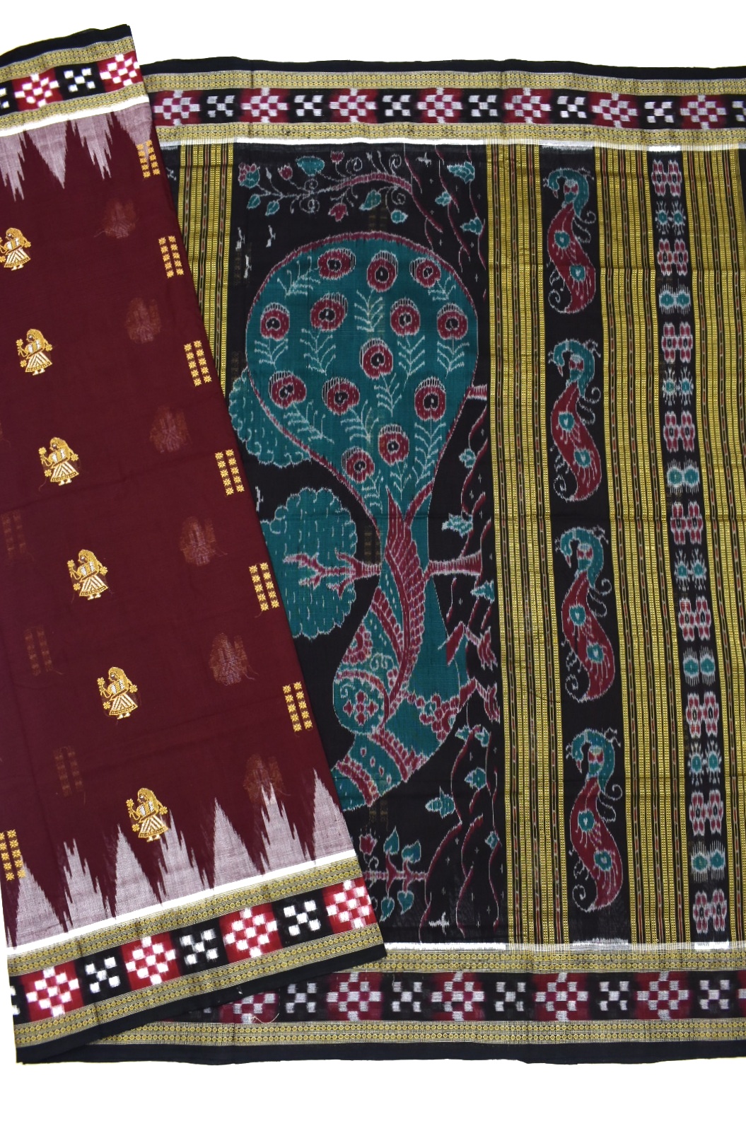Maroon Colour Pasapali Border Sambalpuri Handloom Cotton Bomkai Saree - Image 5