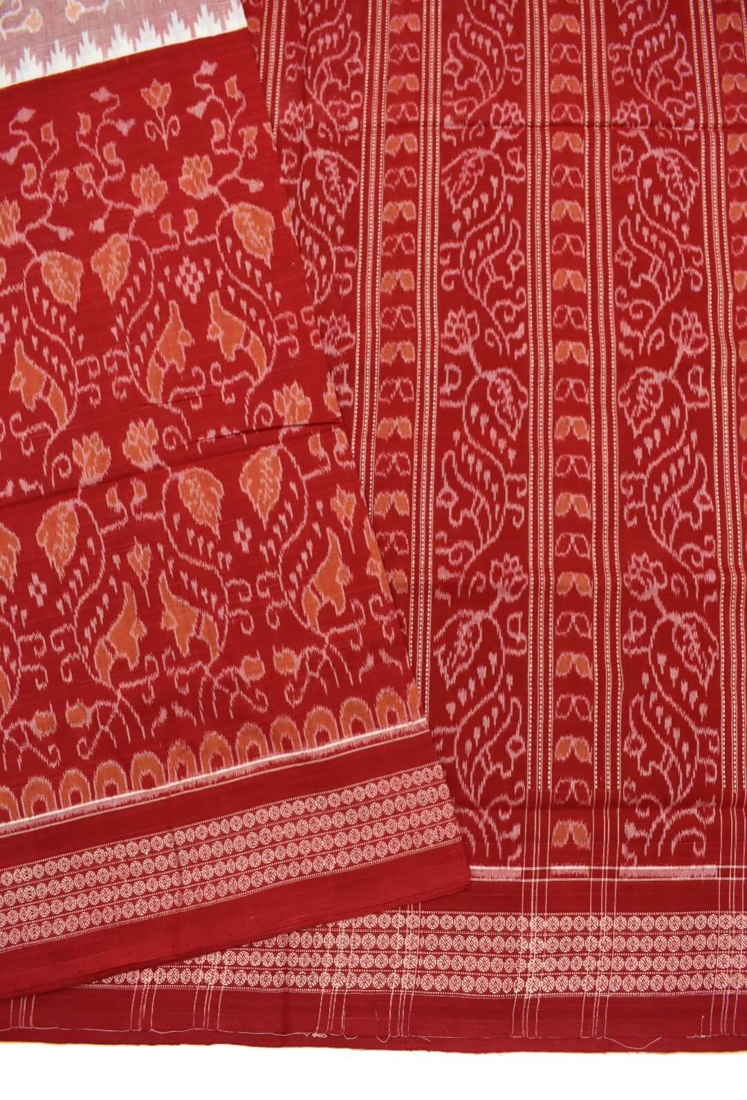 Red Colour Sambalpuri Handloom Cotton Bandha Saree - Image 3