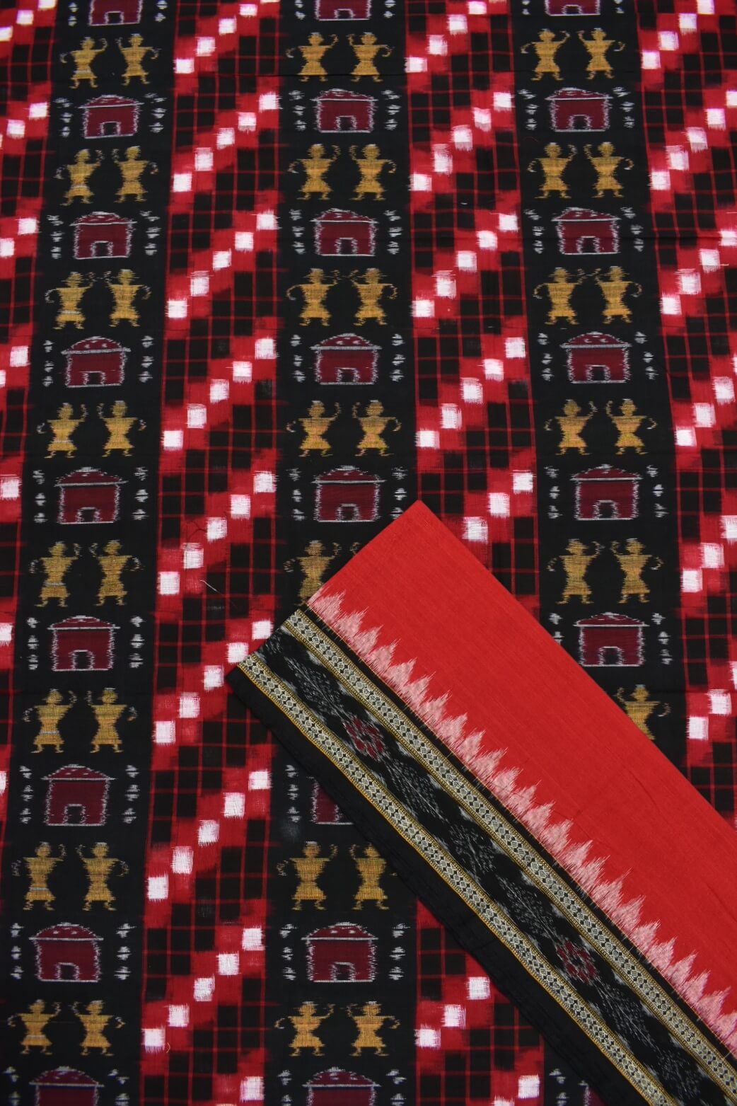 Black-Red Colour Pasapali Design Sambalpuri Handloom Cotton Dress Material