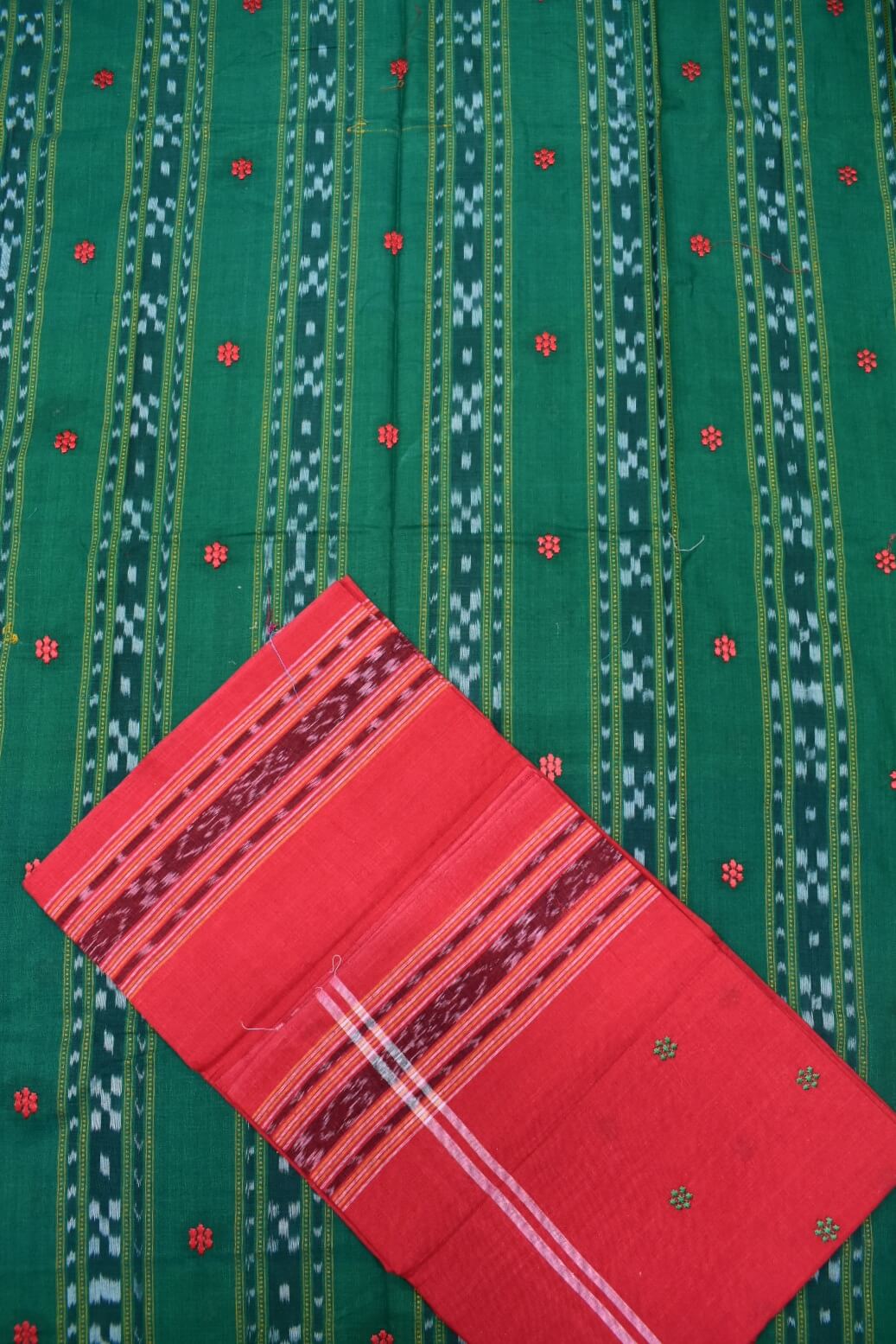Green Colour Sambalpuri Handloom Cotton Bomkai Dress Material - Image 2
