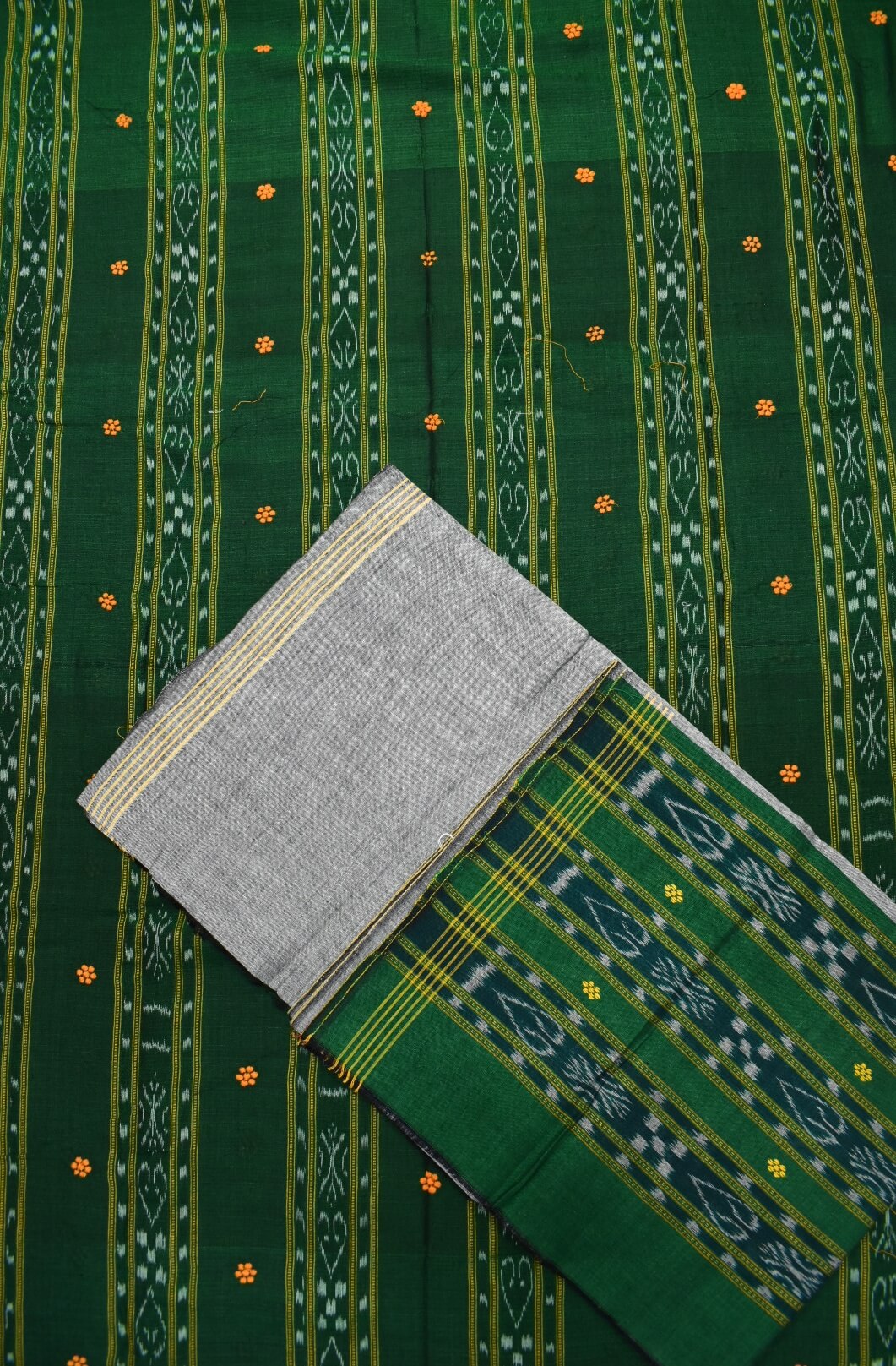 Green Colour Sambalpuri Handloom Cotton Bomkai Dress Material - Image 2