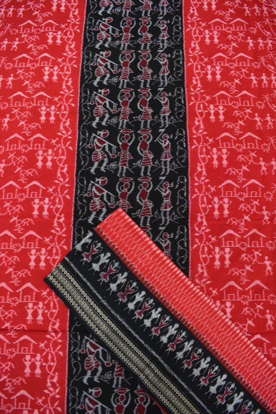 Red-black Tribal design Sambalpuri Handloom Cotton Dress Material - Image 2