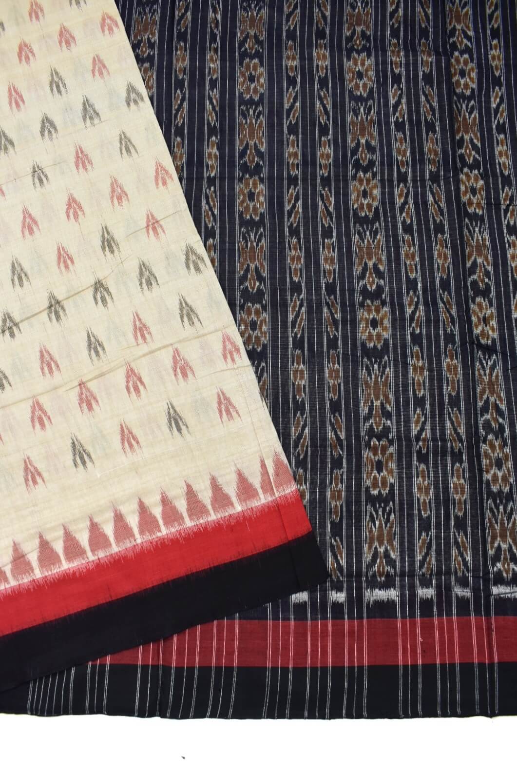 Cream Colour Sambalpuri Handloom Maniabandha Cotton Saree - Image 3