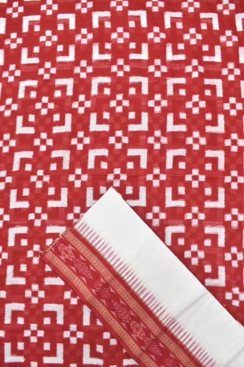 Red - Sambalpuri Ikat Handloom Cotton 3pc Unstitched Dress Material Suit Set 21