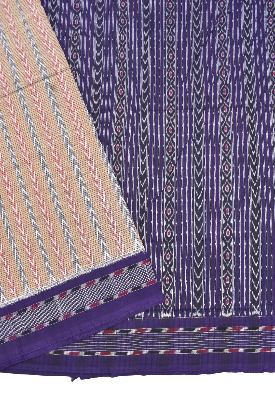 Biscuit -Blue Check Design Sambalpuri Handloom Cotton Bandha Saree - Image 3