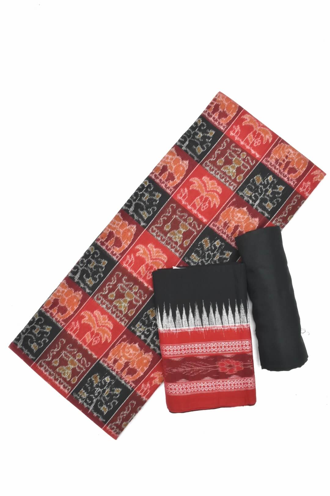 Red-Black Elephant Design Sambalpuri Handloom Cotton Dress Materials -  Sambalpuri Handloom Item