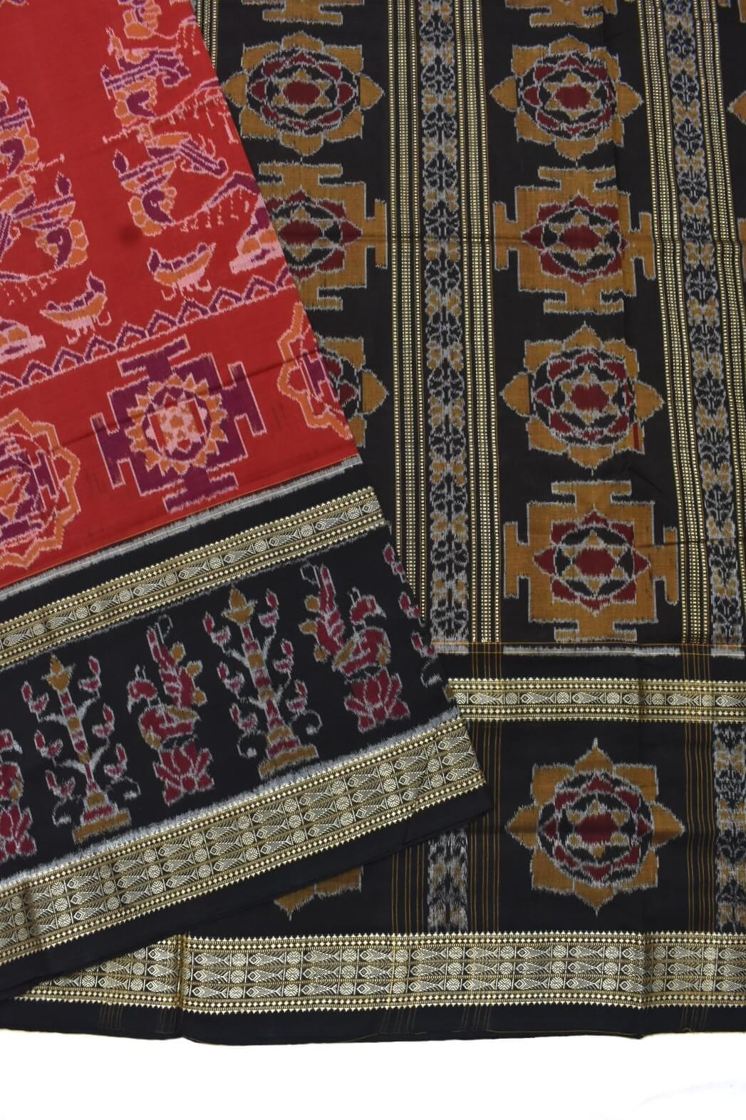 Red Colour Sambalpuri Handloom Cotton Bandha Saree - Image 3