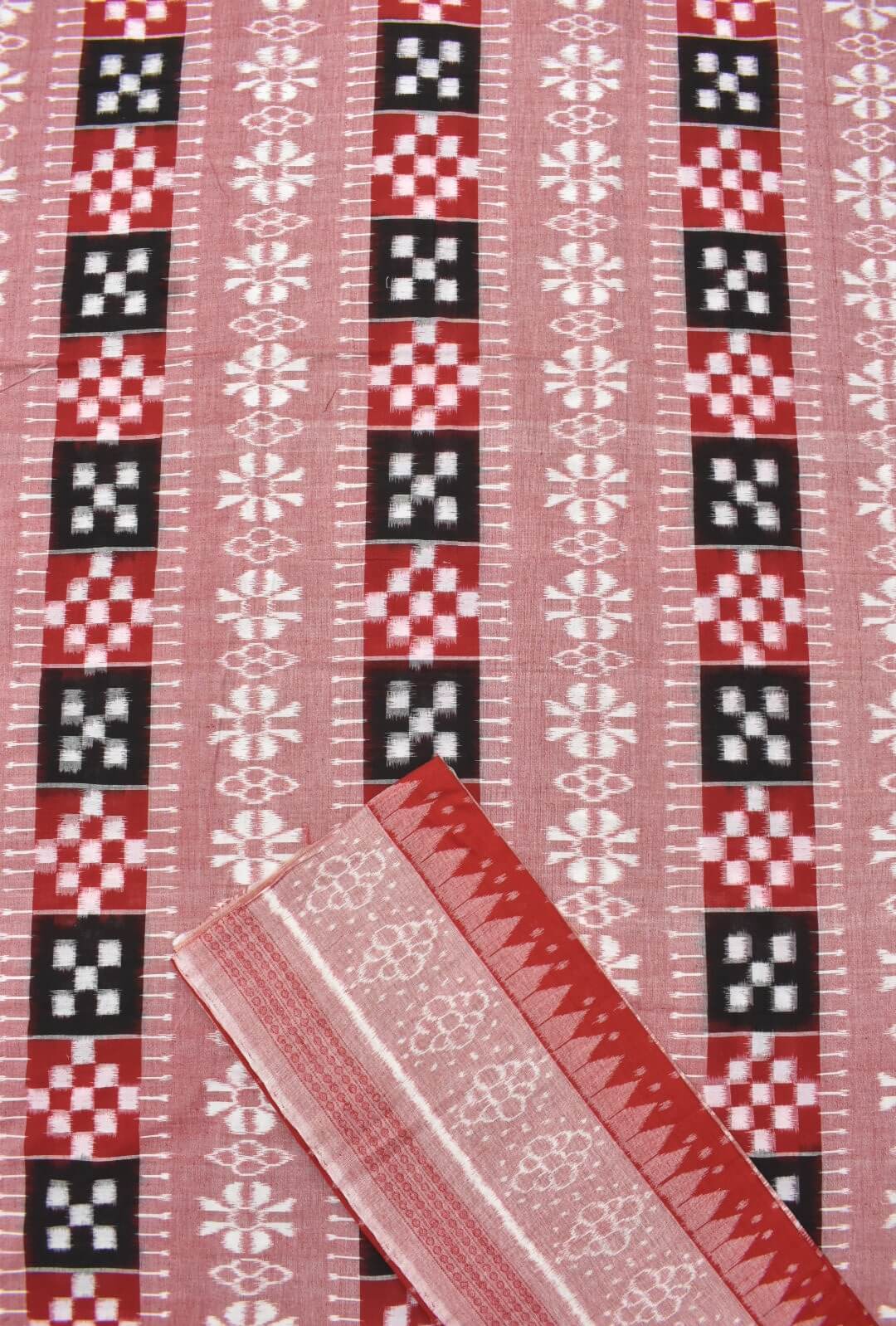 Lite Red Colour Pasapali Design Sambalpuri Handloom Cotton Dress Materials - Image 3