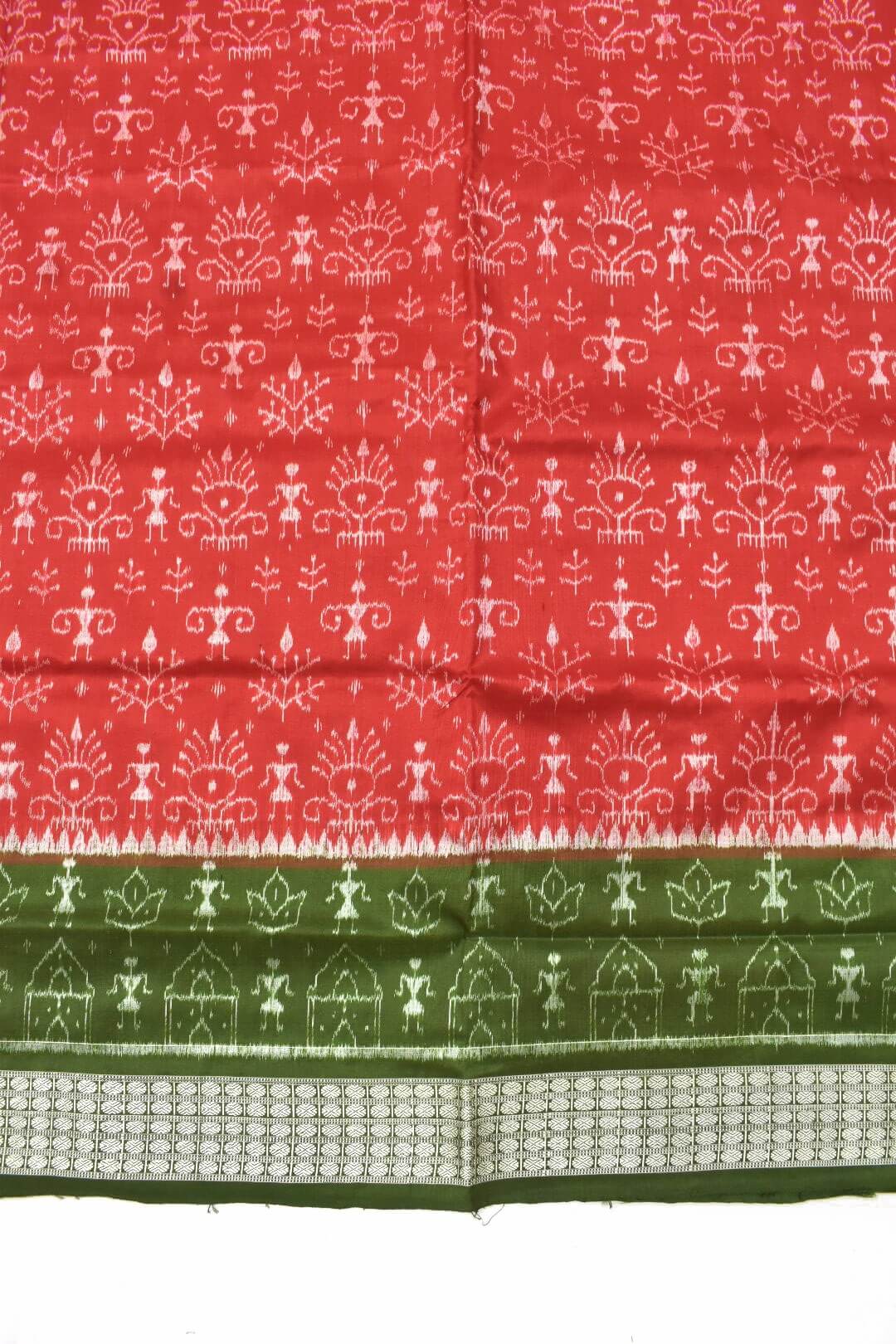 Red-Mahendi Combination Sambalpuri Handloom Bandha Silk Saree - Image 4