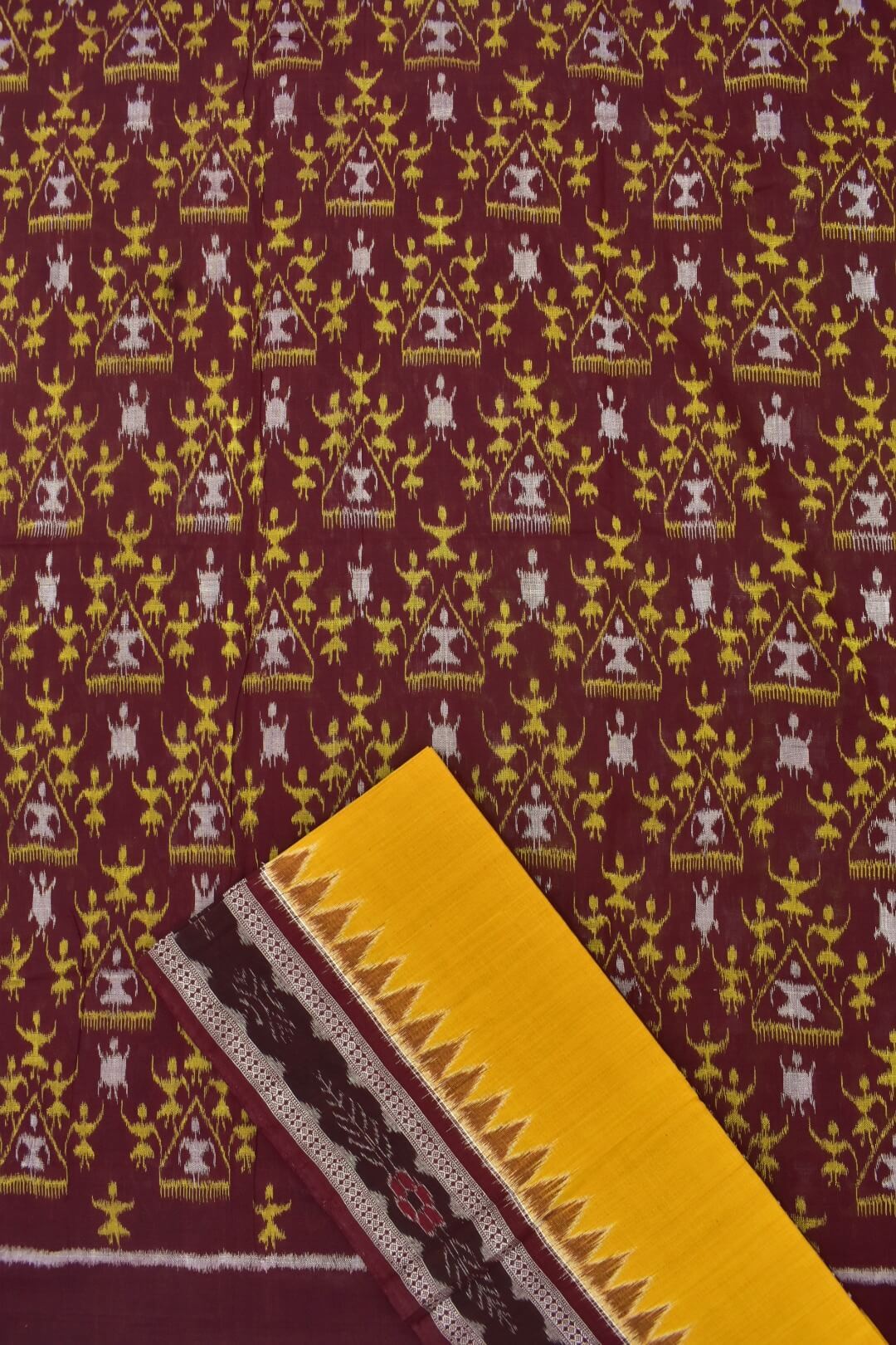 Maroon Colour Tribal Design Sambalpuri Handloom Cotton Dress Materials - Image 3
