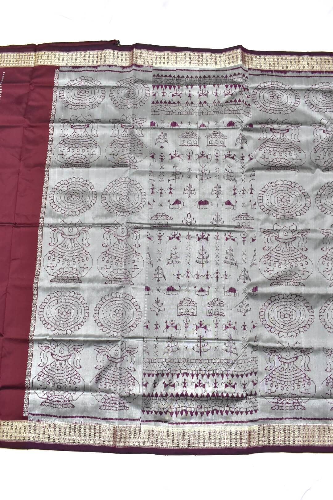 Steel Colour Half-Half Design Sambalpuri Handloom Silk Saree