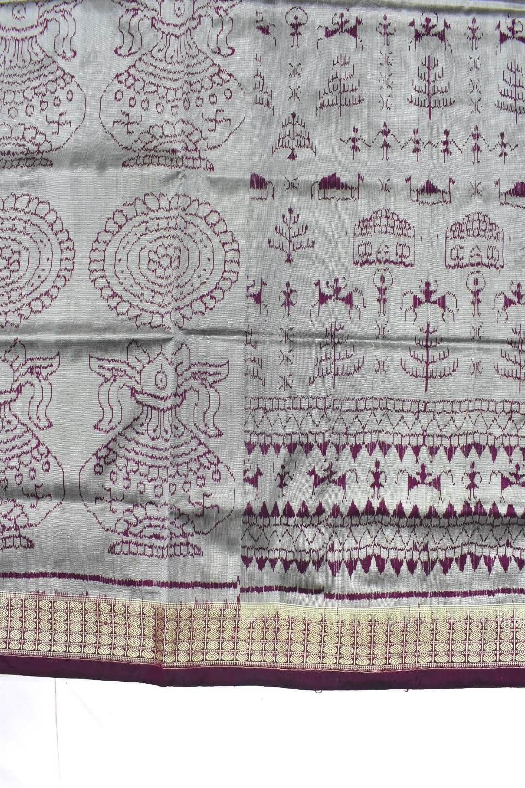 Steel Colour Half-Half Design Sambalpuri Handloom Silk Saree - Image 3