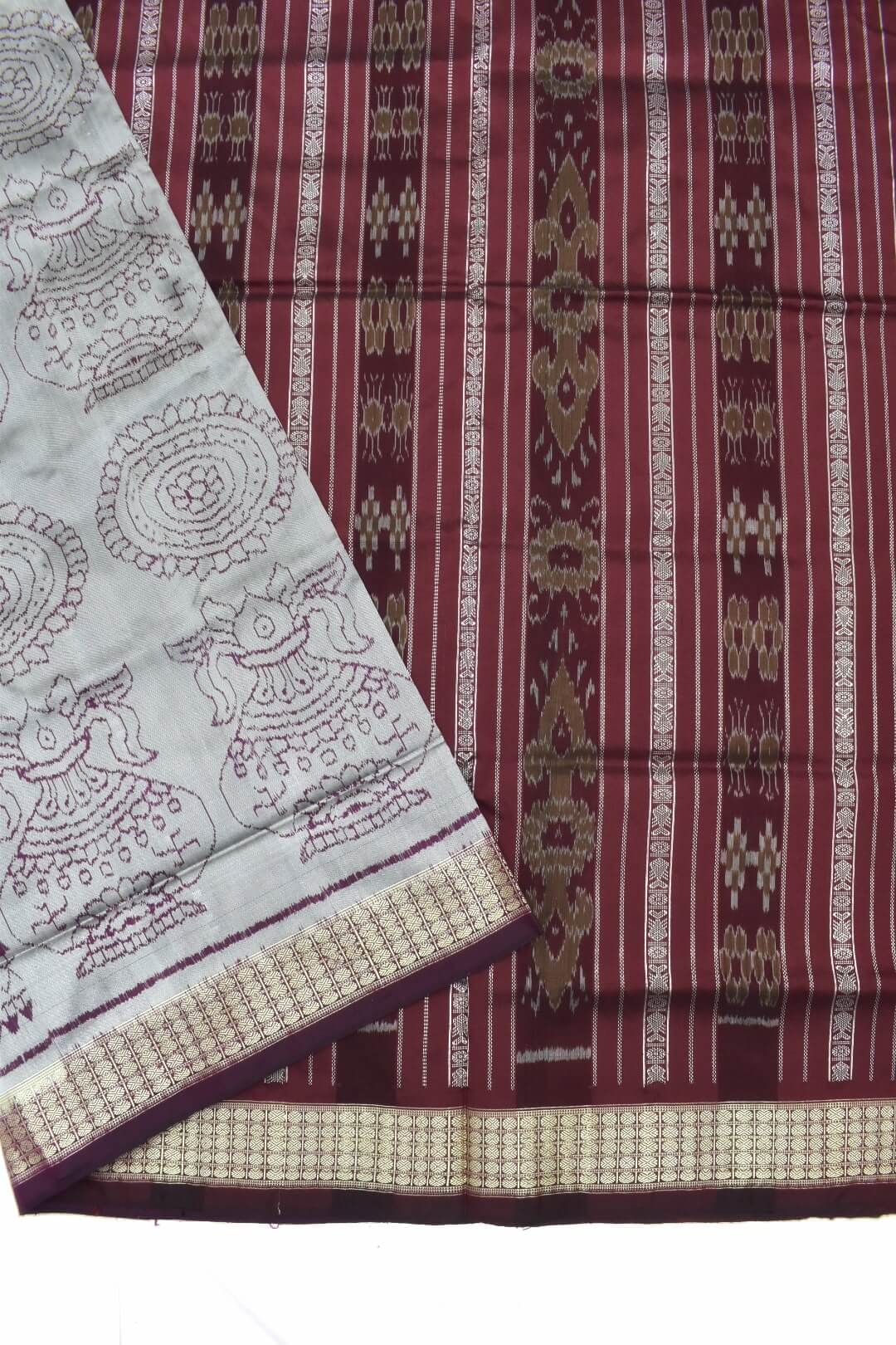 Steel Colour Half-Half Design Sambalpuri Handloom Silk Saree - Image 5
