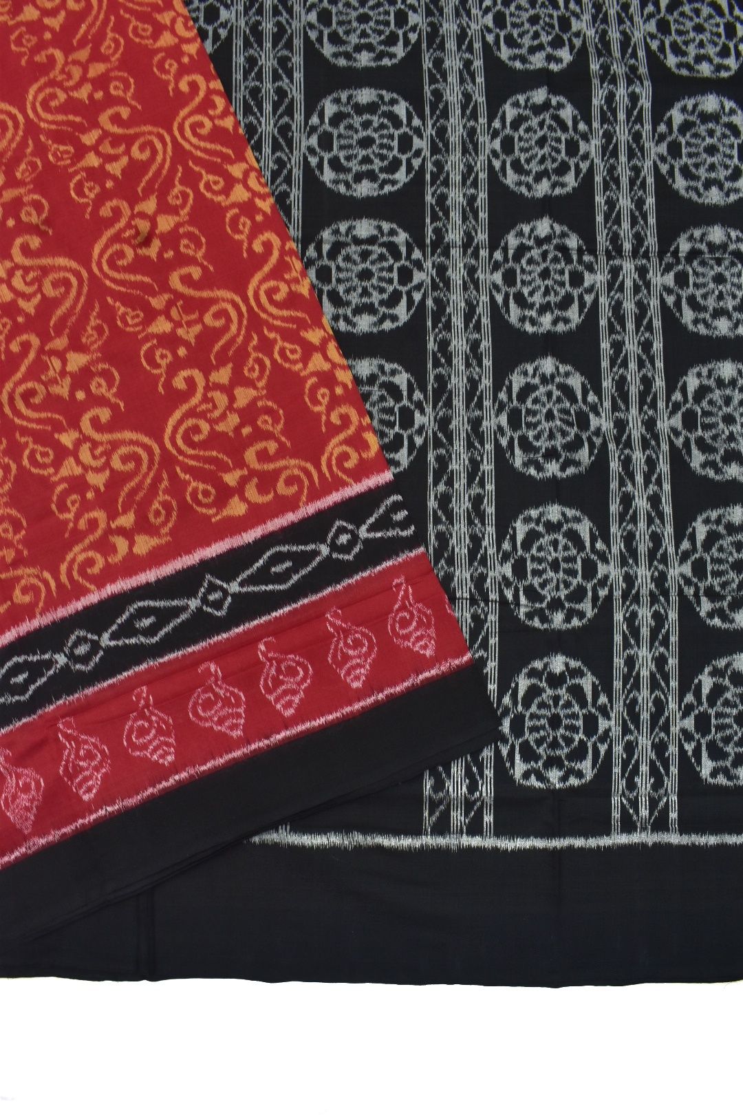 Red Colour Sambalpuri Handloom Cotton Bandha Saree - Image 3
