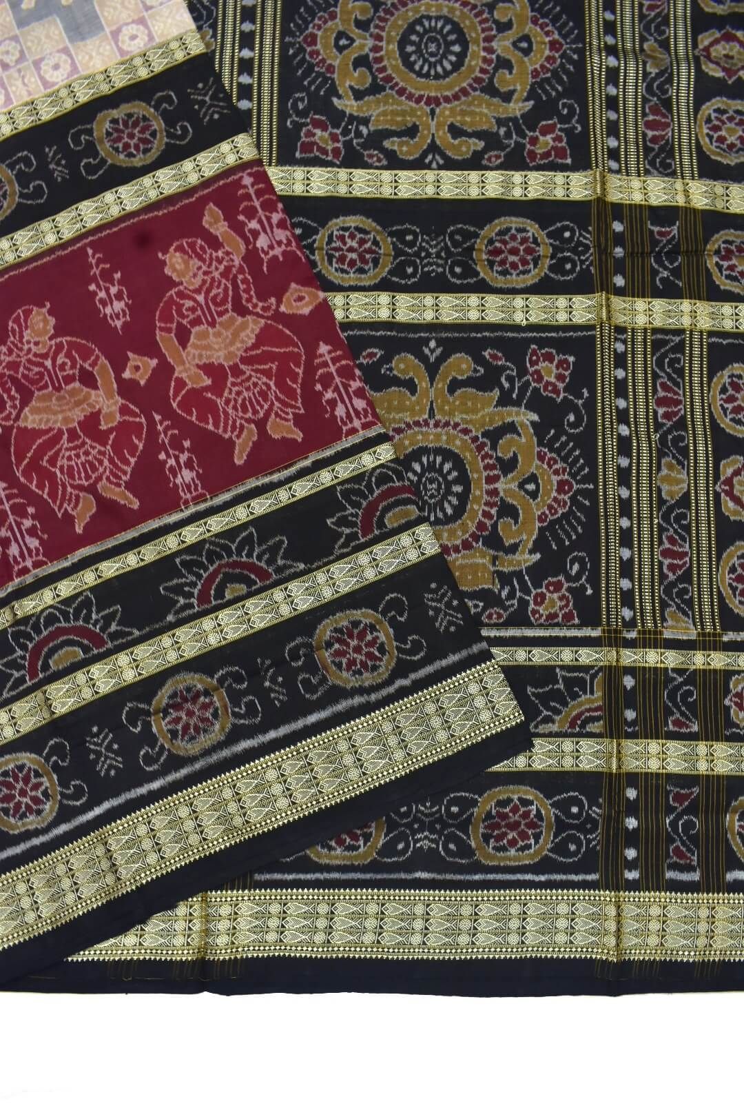 Maroon-Black Combination Sambalpuri Handloom Cotton Bandha Saree - Image 3