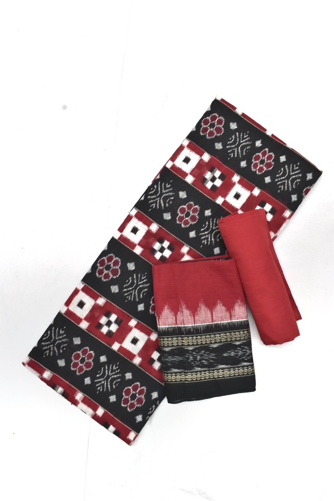 White and Red Sambalpuri cotton Dress material – Boyanika Odisha