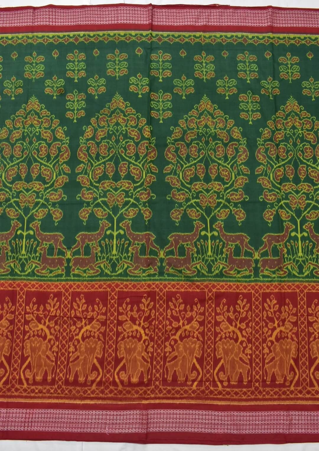 Green-Red Combination Elephant Design Sambalpuri Handloom Cotton Bandha Saree